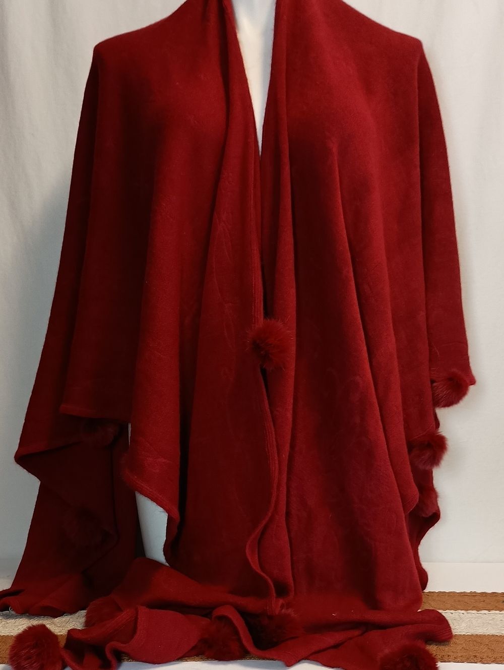 Women's One Size Wool Open-Front Cardigan/Cape with Pom-Pom Wine Red Burgundy
